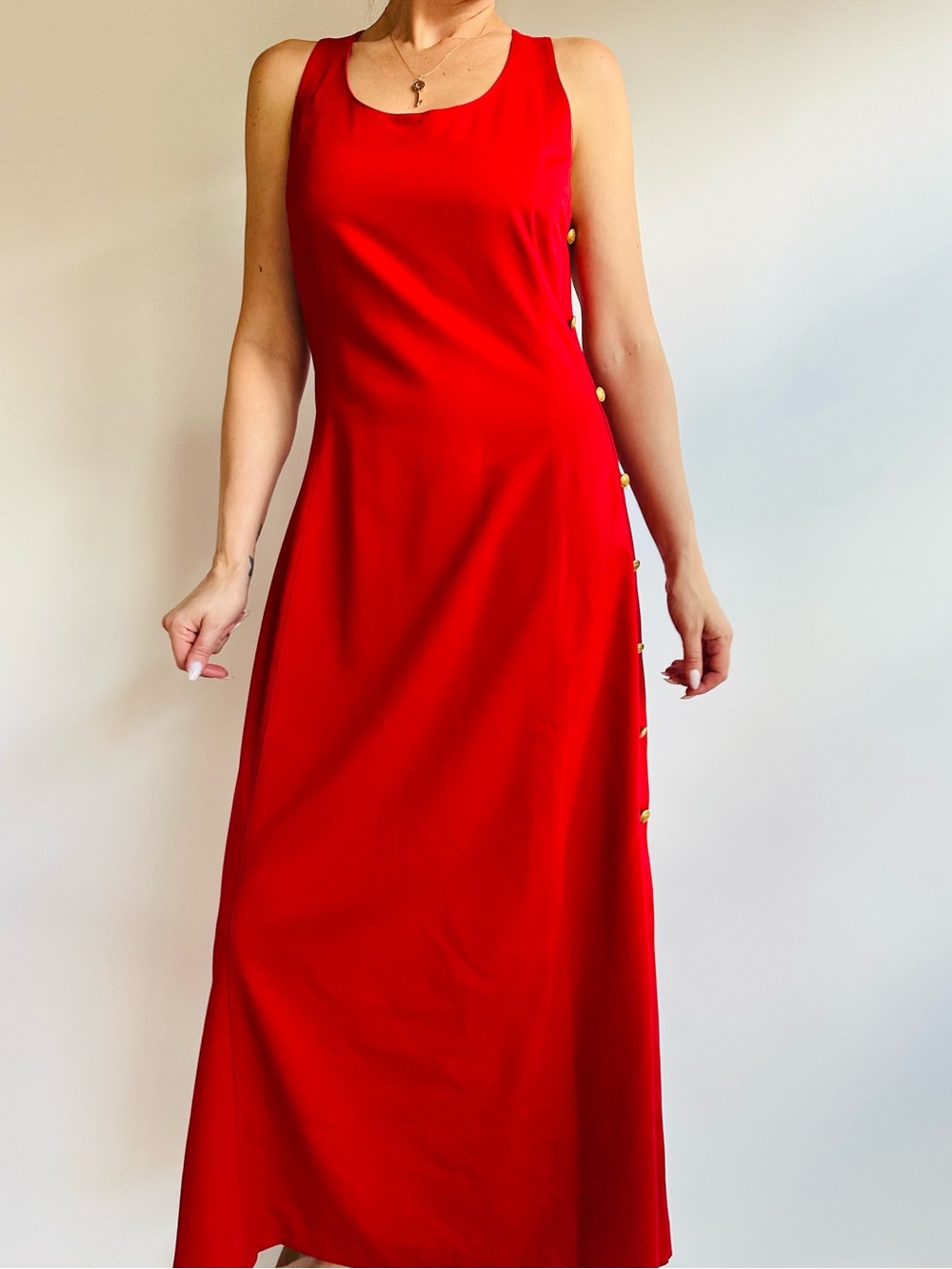 New Faconnable Red Maxi Dress Gold Button Side Slit Stretch Sleeveless Elegant